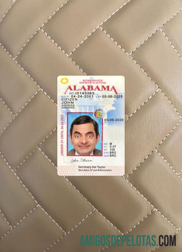 USA Alabama Under 21 ID Card olhar de foto frente exemplo